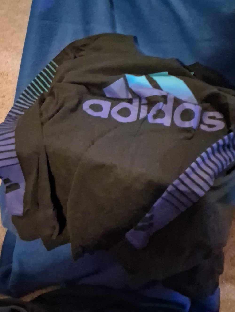 adidas Black  Long Sleeve  T.    Shirt  with Purple and Teal Logo Accents